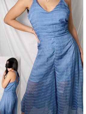 Hummingbird Light Blue Striped V-Neck Jumpsuit